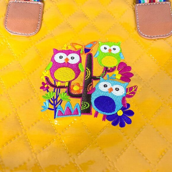 Yellow Patent Leather Quilted Tote Bag Owl Embroidery - Picture 2 of 7